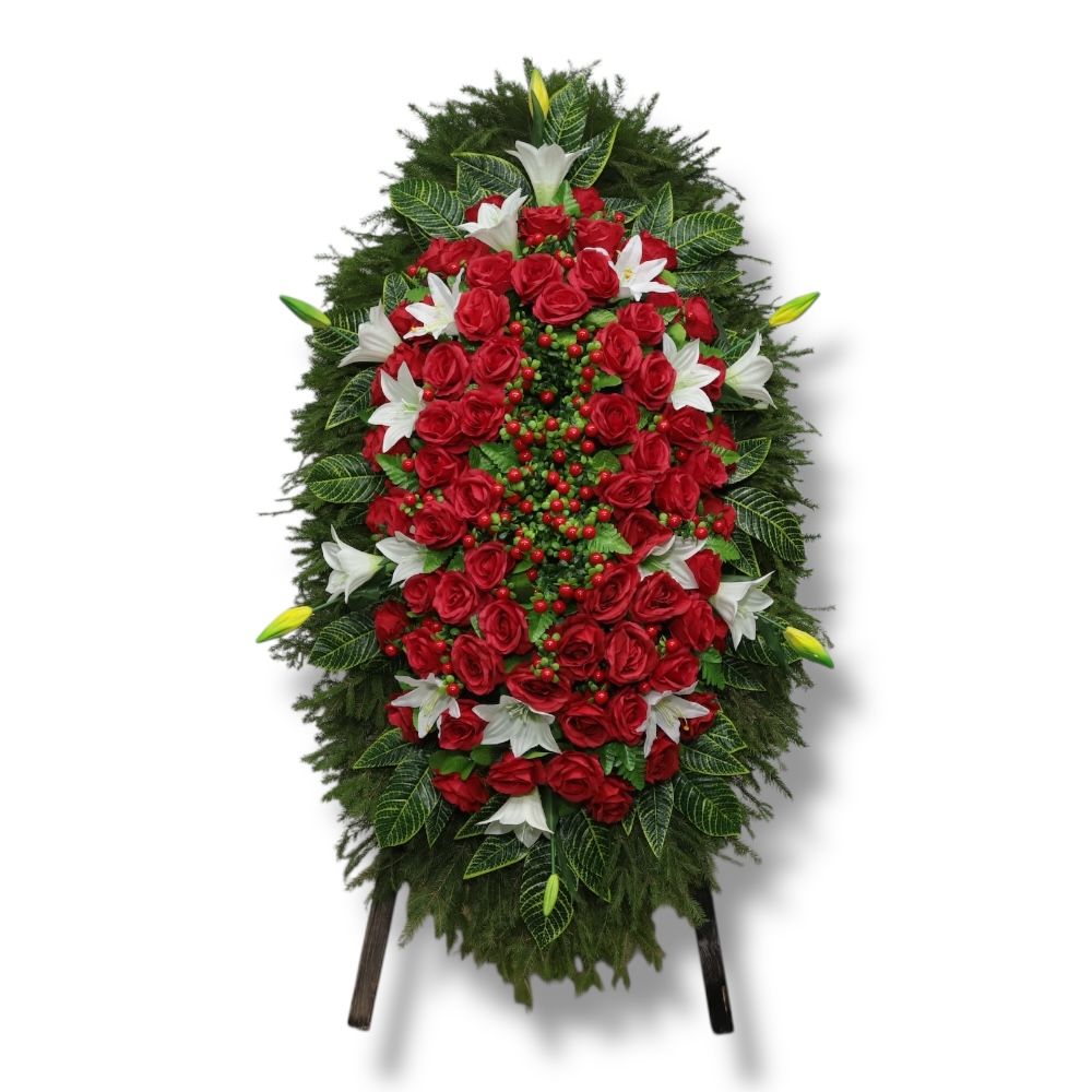 венок на похороны, венок с хвоей, венок с живыми цветами, похоронный венок, артикул ВК-015, венок на подставке, ритуальный венок, венок с искусственными цветами.