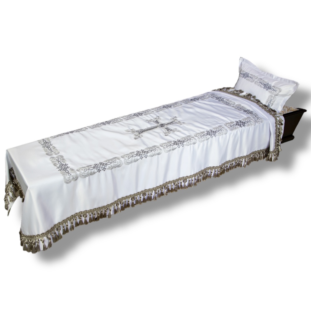 григорианский ритуальный комплект, элитное серебро, покрывало и наволочка, парча, арт пб-гр-4, ритуальные товары, похоронные принадлежности, гробовой комплект.