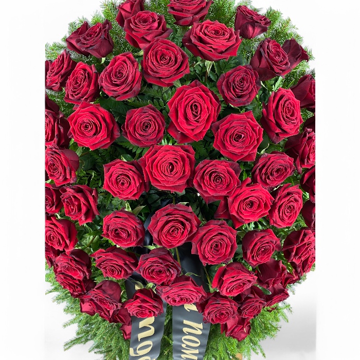 траурные венки, венок из красных роз, венок на похороны, живые цветы на похороны, RED NAOMI розы, артикул ВЖ-001.
