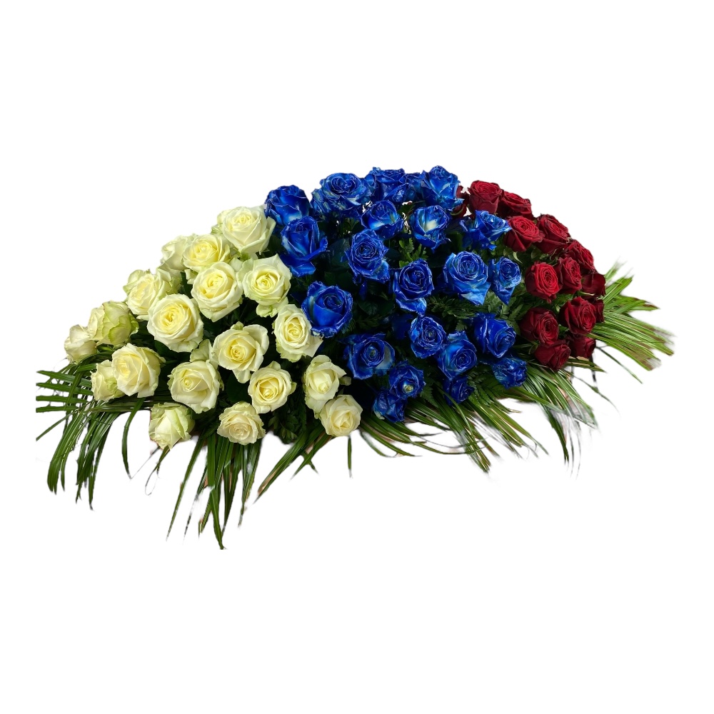 траурная композиция, живые цветы, розы, зелень, на гроб, ритуальные цветы, траурные букеты, ТК-009