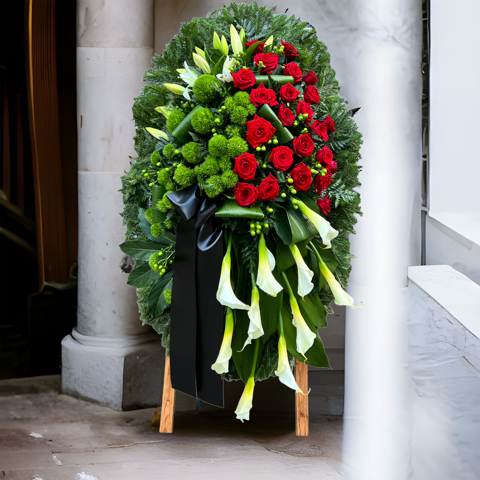 венок из живых цветов, каллы, красные розы, лилии, венок на похороны, ритуальные цветы, траурные цветы, похоронный букет.