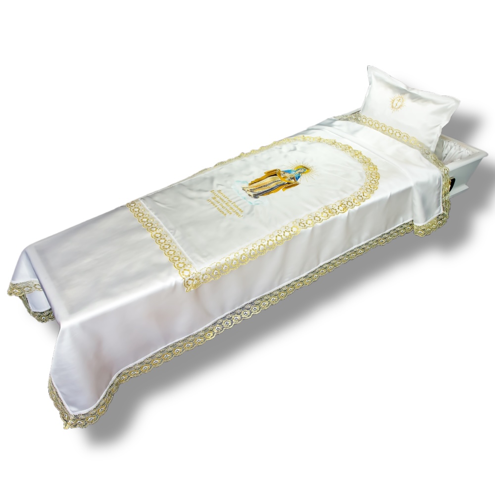 Икона Покрова Пресвятой Богородицы, ритуальные комплекты, гробовые принадлежности, подушки и покрывала, парча, православные иконы, погребальные атрибуты, церковная утварь, религиозные товары.