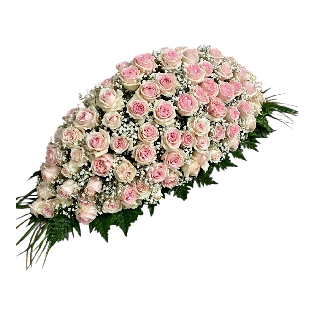 траурная композиция, живые цветы, розы, гипсофила, цветы на гроб, ритуальные цветы, траурные букеты, артикул ТК-005