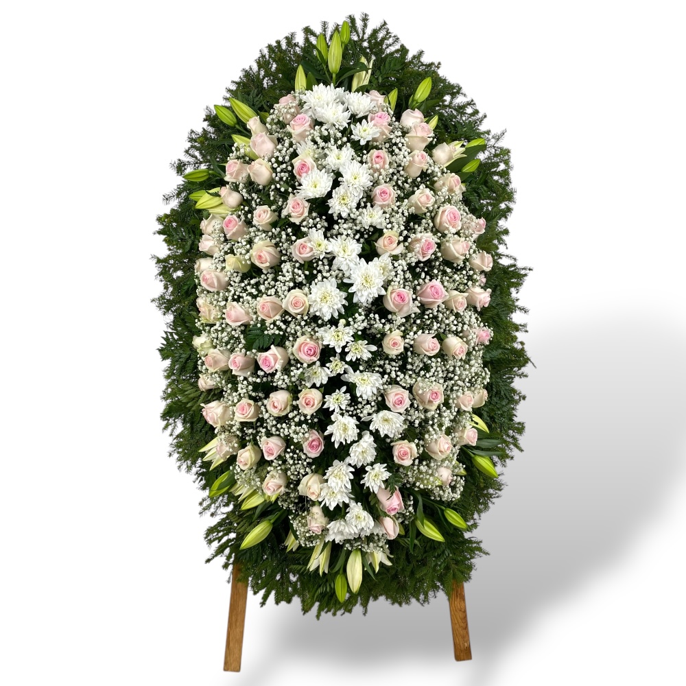 венок на похороны, венок из живых цветов, розовые розы, хризантемы, лилии, траурный венок, цветы на похороны.