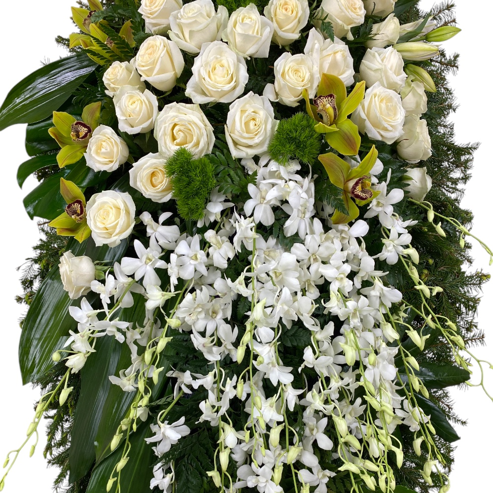 траурный венок, живые цветы, орхидеи, розы, лилии, похоронный венок, венок на похороны, артикул ВЖ-004.