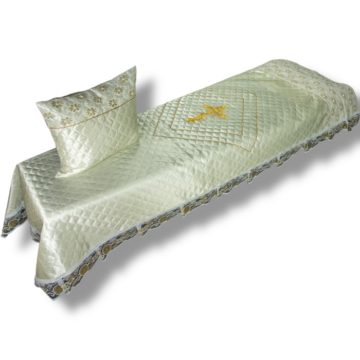 АРТ КР-038. Покров. Комплект в гроб. Покрывало+подушка. Атлас+термостежка. Отделка жемчуг. Золото