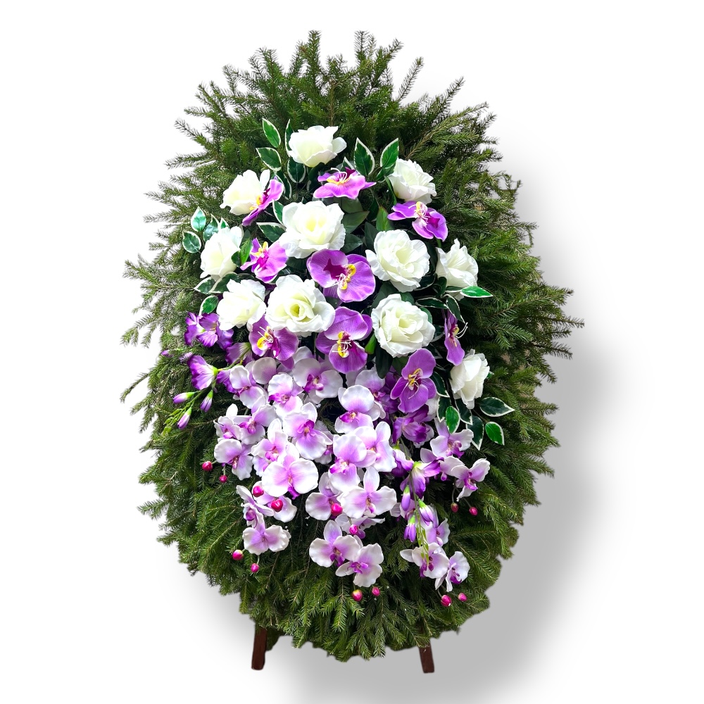 венок на похороны, венок с хвоей, венок с живыми цветами, похоронный венок, артикул ВК-010, венок на подставке, ритуальный венок, венок с искусственными цветами.