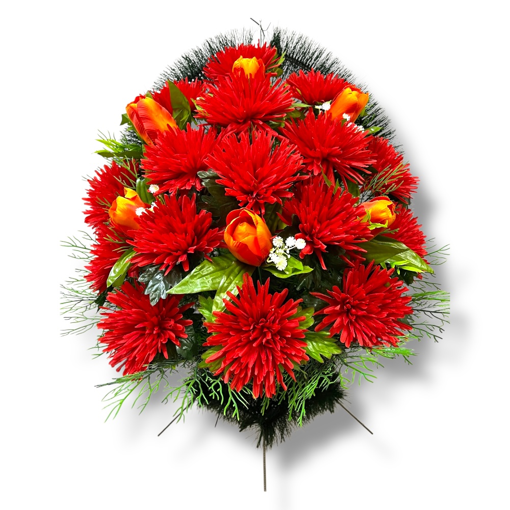заказная корзина из искусственных цветов, искусственные цветы на кладбище, мемориальная корзина, ритуальные изделия, корзина для кладбища, украшение могилы, долговечные цветы, артикул КИ-032