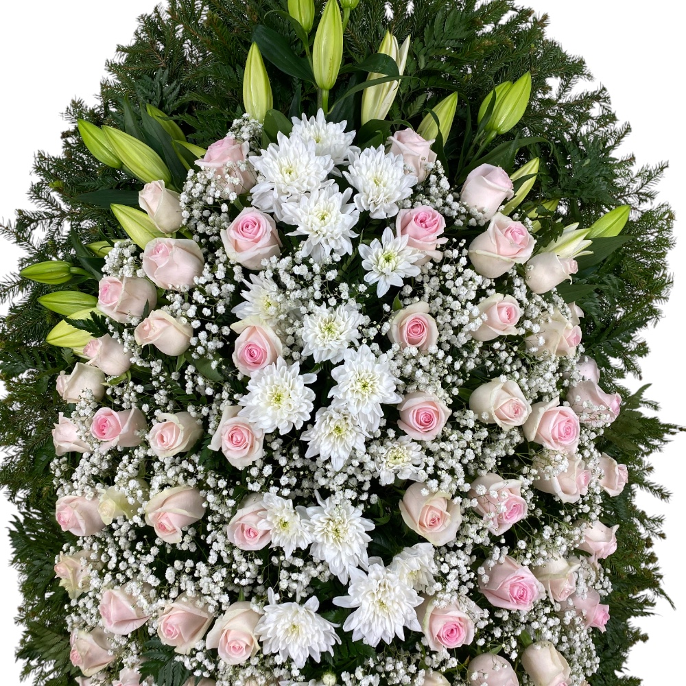 венок на похороны, венок из живых цветов, розовые розы, хризантемы, лилии, траурный венок, цветы на похороны.