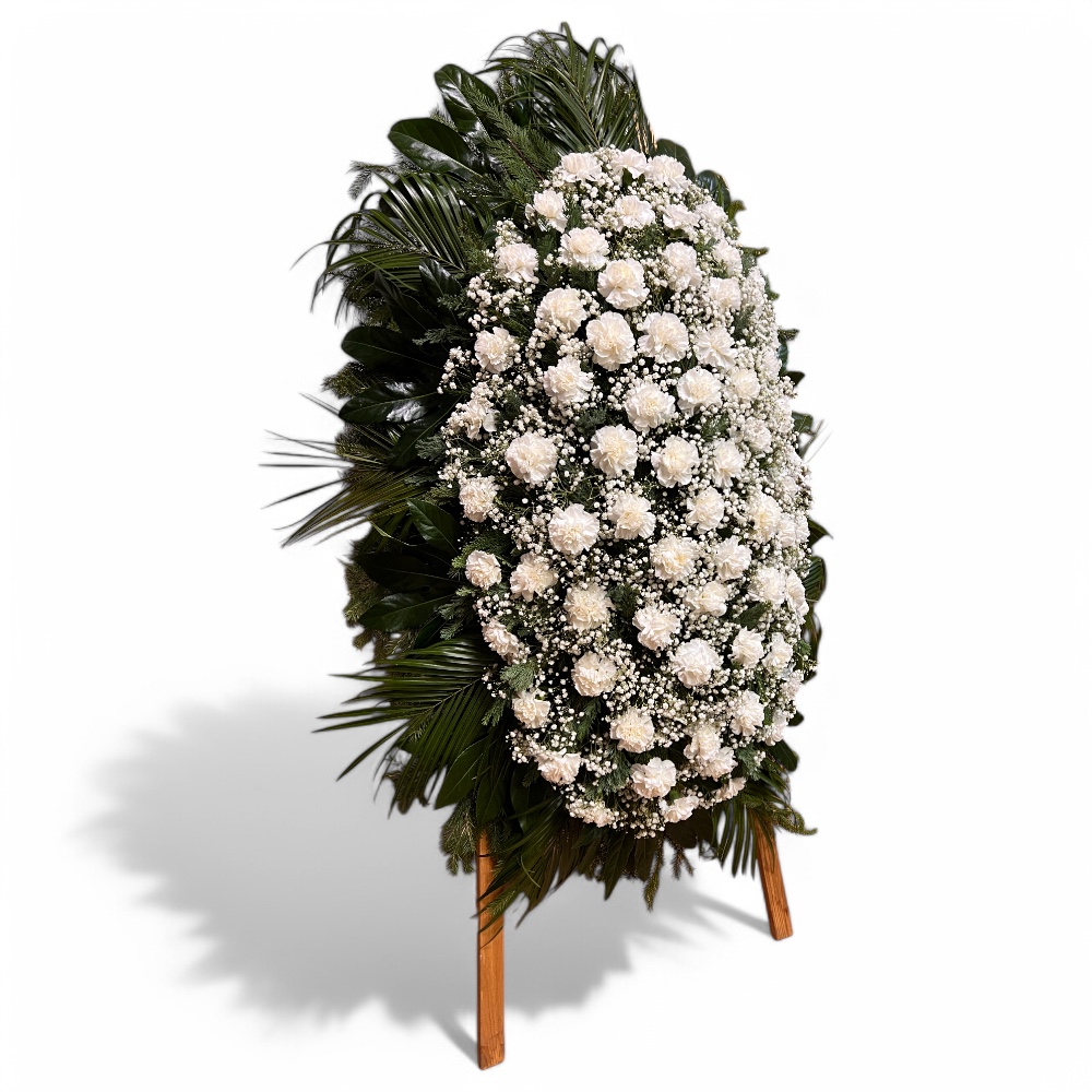 венок на похороны, венок из живых цветов, венок с белой гвоздикой, венок с гипсофилой, траурный венок, ритуальный венок, цветы на похороны.