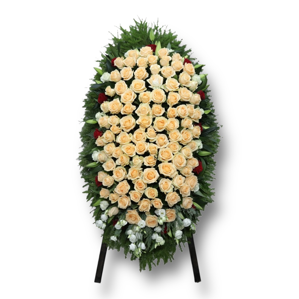 венок на похороны, венок из живых цветов, розы, лилии, лизиантус, траурный венок, цветы на похороны