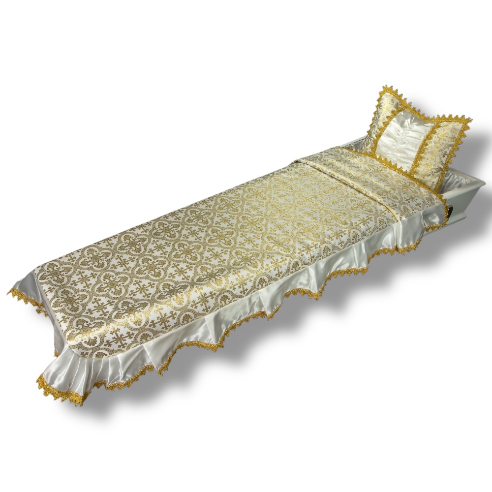 Арт: КР-015 Купеческий.Комплект в гроб: Подушка-покрывало.  Атлас+парча. Золото