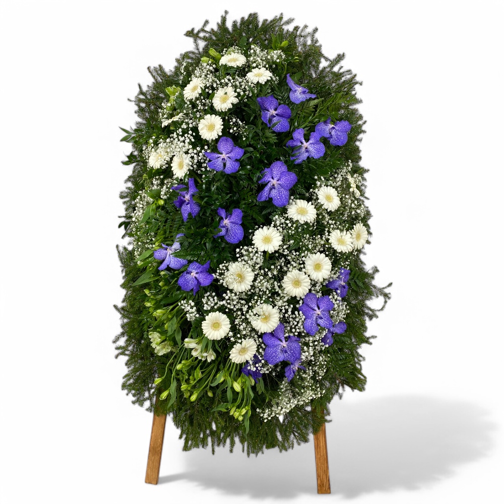венок на похороны, венок из живых цветов, траурный венок, орхидея, гербера, гипсофила, цветы на похороны, ритуальные цветы, артикул ВЖ-018.