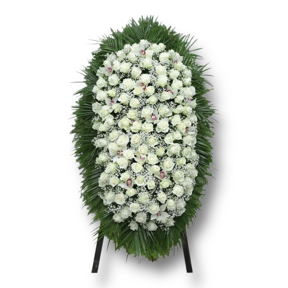 Арт. ВЖ-065 Венок из живых цветов на похороны: Розы, орхидеи, гипсофилы 120 см.