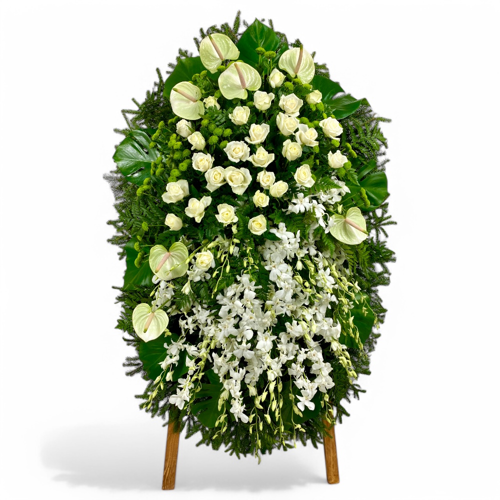 венок из живых цветов, венок на похороны, роза, орхидея, антуриум, траурный венок, цветы на похороны, ритуальные цветы.