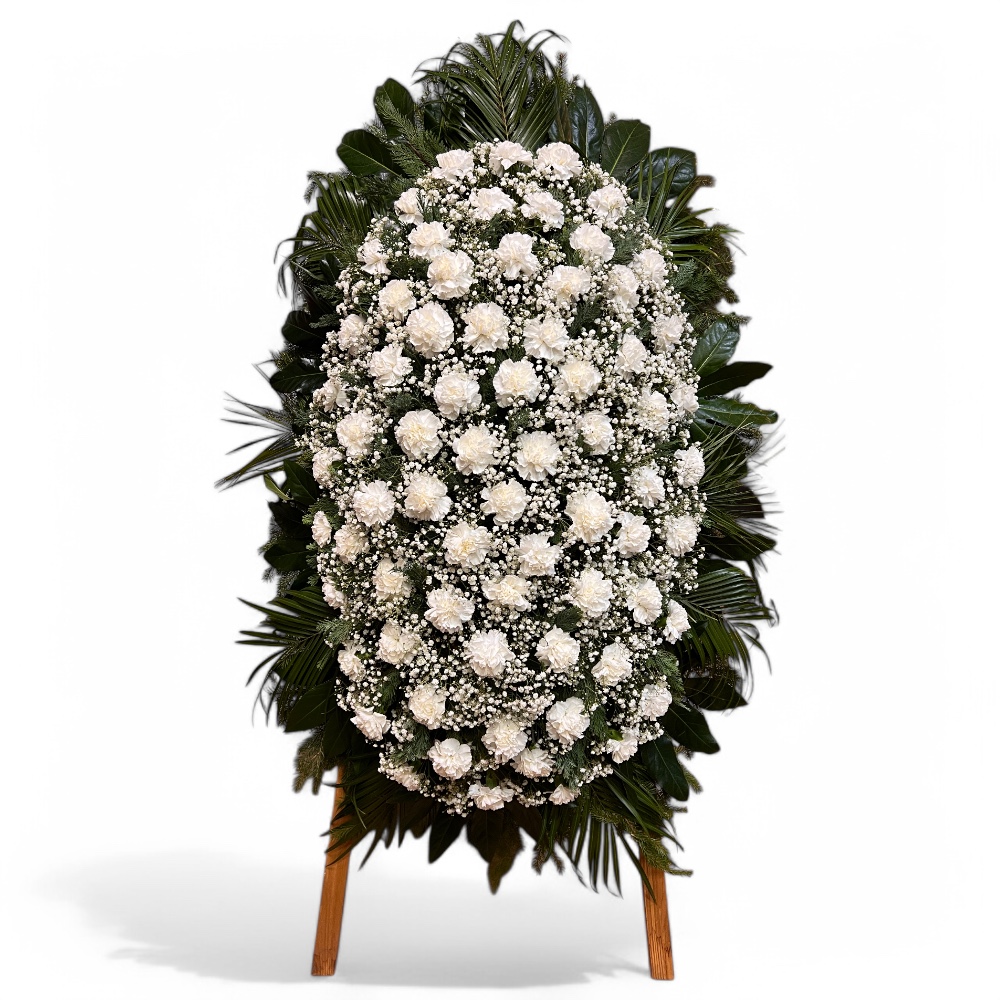 венок на похороны, венок из живых цветов, венок с белой гвоздикой, венок с гипсофилой, траурный венок, ритуальный венок, цветы на похороны.