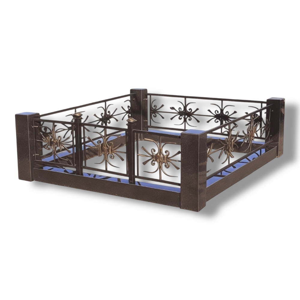 гранитная ограда, элементы ковки, снежинка, кованая ограда, гранитный забор, декоративная ограда, художественный металл, ограждение для сада, садовая ограда, кованые изделия.