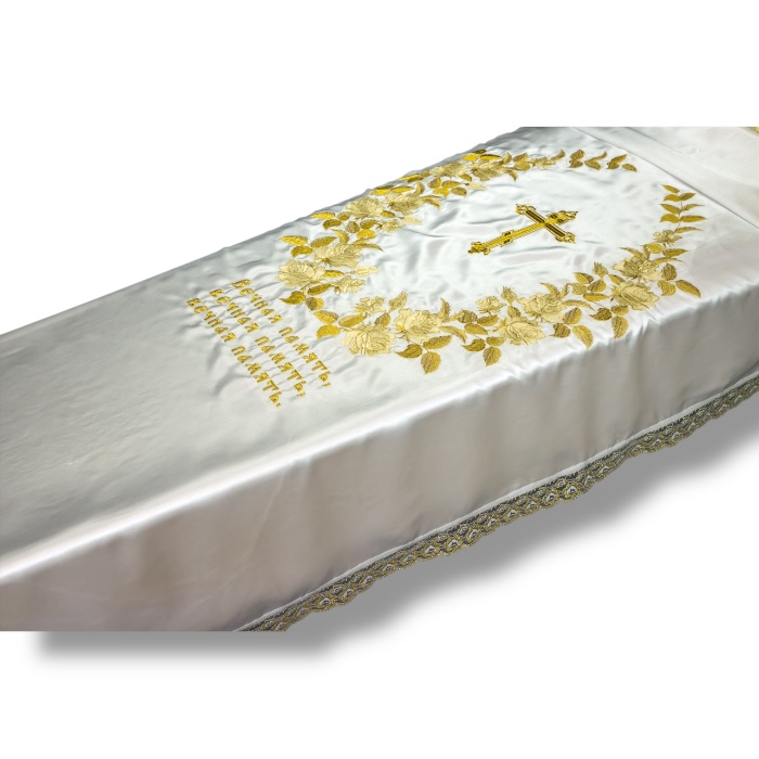 венок роз, венок с крестом, комплект в гроб, покрывало и подушка, парча, ритуальные товары, похоронные аксессуары, декор для похорон.