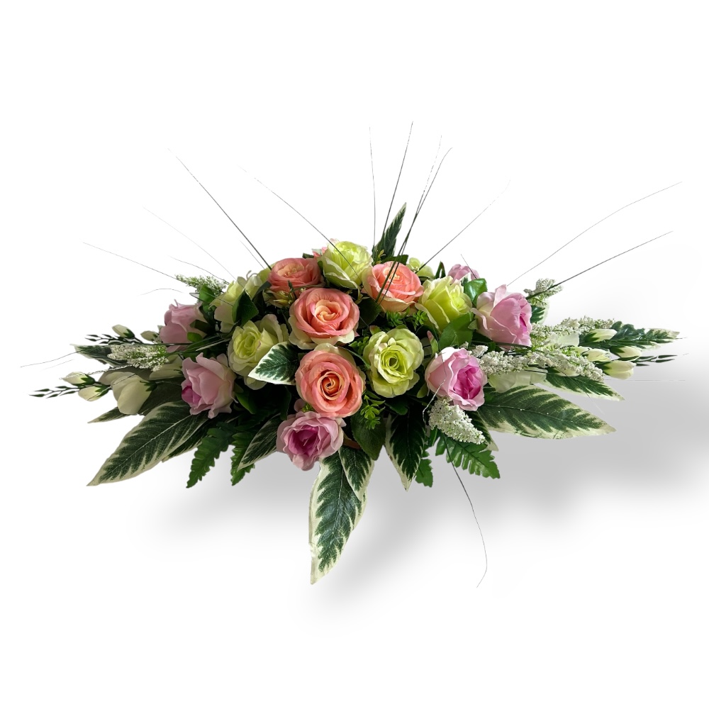 Композиция на гроб, искусственные цветы, ритуальные изделия, венок на гроб, похоронные атрибуты, декор на похороны, траурная композиция, ритуальная флористика, премиум класс, артикул ИК-003.