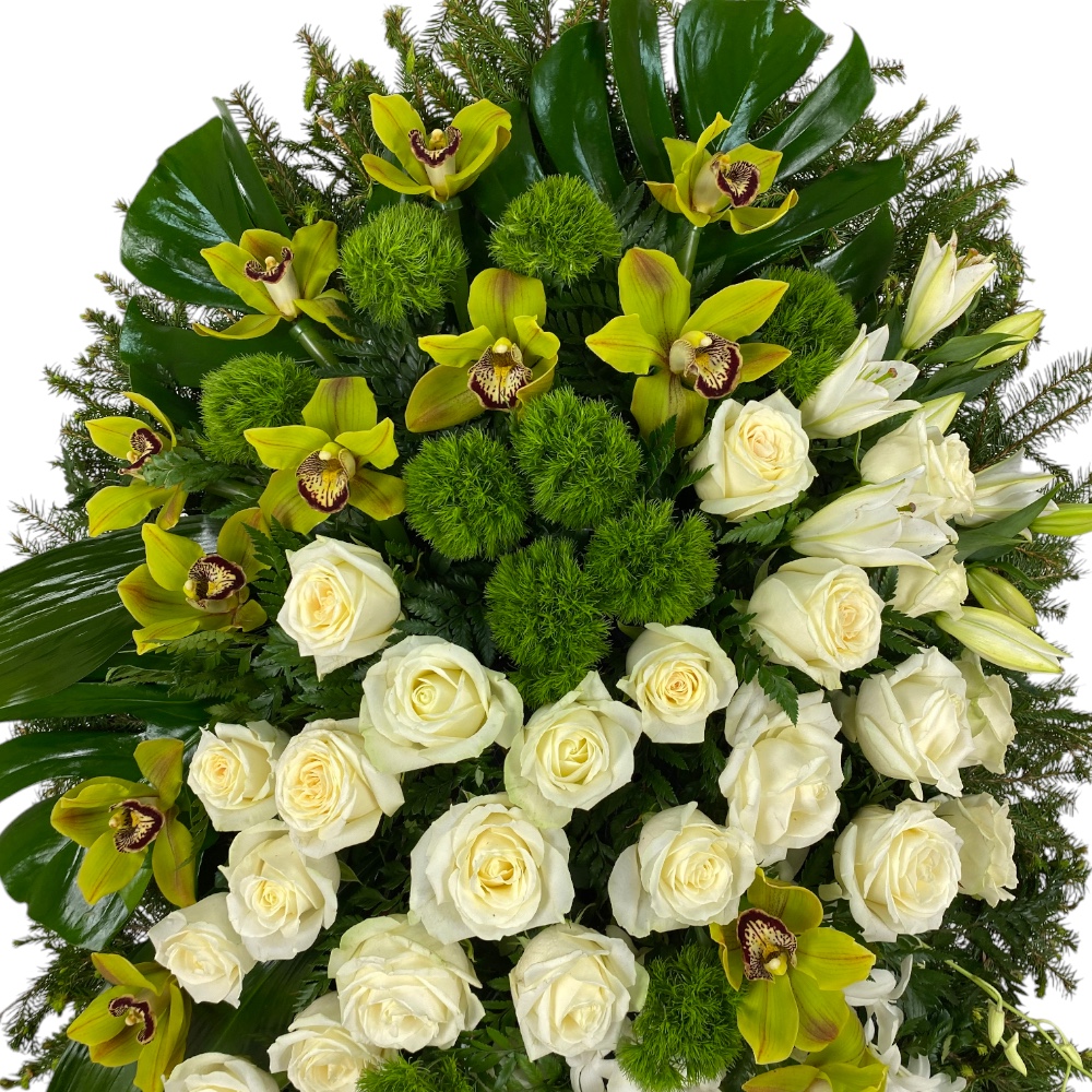 траурный венок, живые цветы, орхидеи, розы, лилии, похоронный венок, венок на похороны, артикул ВЖ-004.