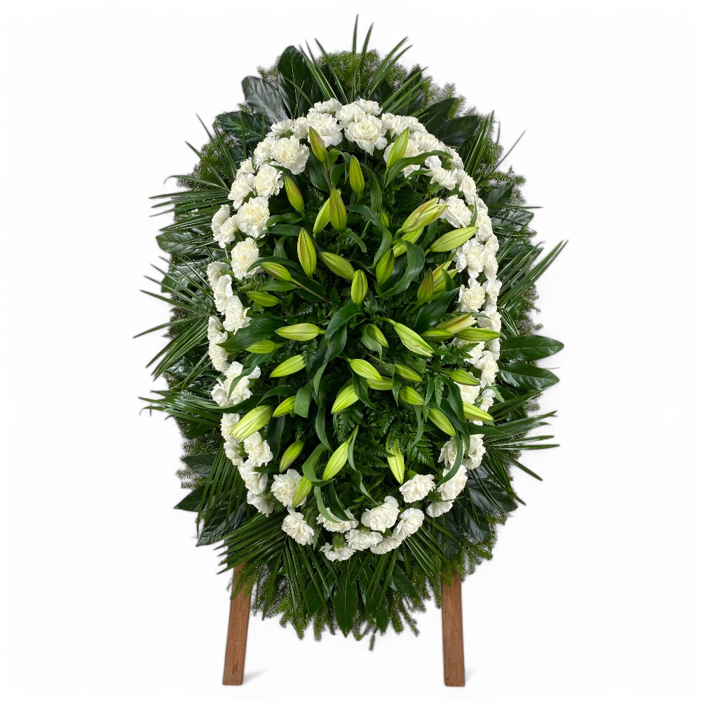 венок из живых цветов, венок на похороны, лилии, гвоздики, ритуальные цветы, траурные цветы, похоронные атрибуты, флористика для прощания.