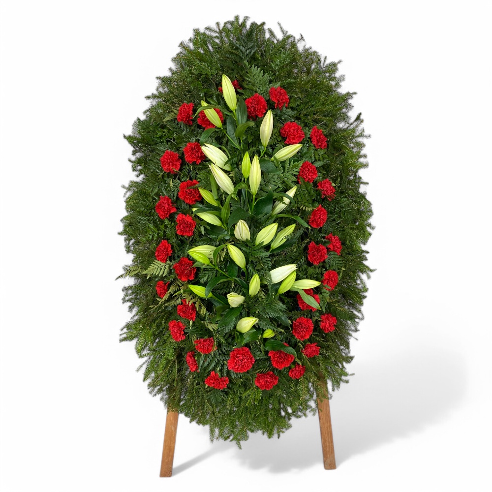 Арт. ВЖ-051 Венок из живых цветов на похороны: Гвоздики, зелень. лилии 120 см.