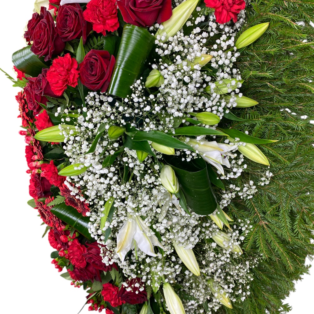 венок из живых цветов, венок на похороны, цветы розы, цветы герберы, цветы лилии, цветы гвоздики, похоронный венок, ритуальные товары