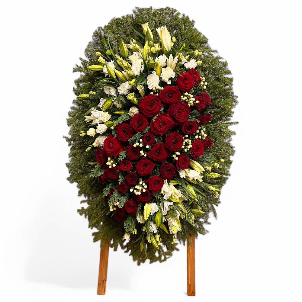 венок на похороны, венок из живых цветов, лизиантусы, красные розы, лилии, гиперикум, траурный венок, цветы на похороны.
