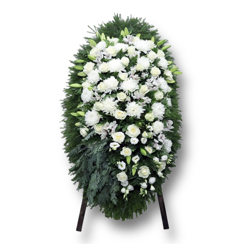 венок на похороны, венок из живых цветов, розы, лилии, лизиантус, гвоздики, орхидея, траурный венок, цветы на похороны, ритуальные цветы, венок артикул ВЖ-059