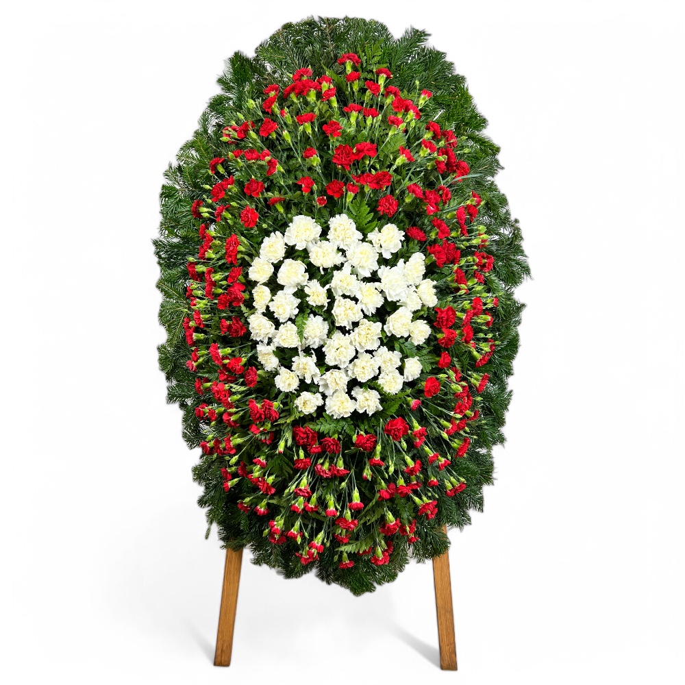венок на похороны, венок из живых цветов, венок из гвоздик, красная и белая гвоздика, ритуальные цветы, траурные цветы, похоронные атрибуты, артикул ВЖ-039.