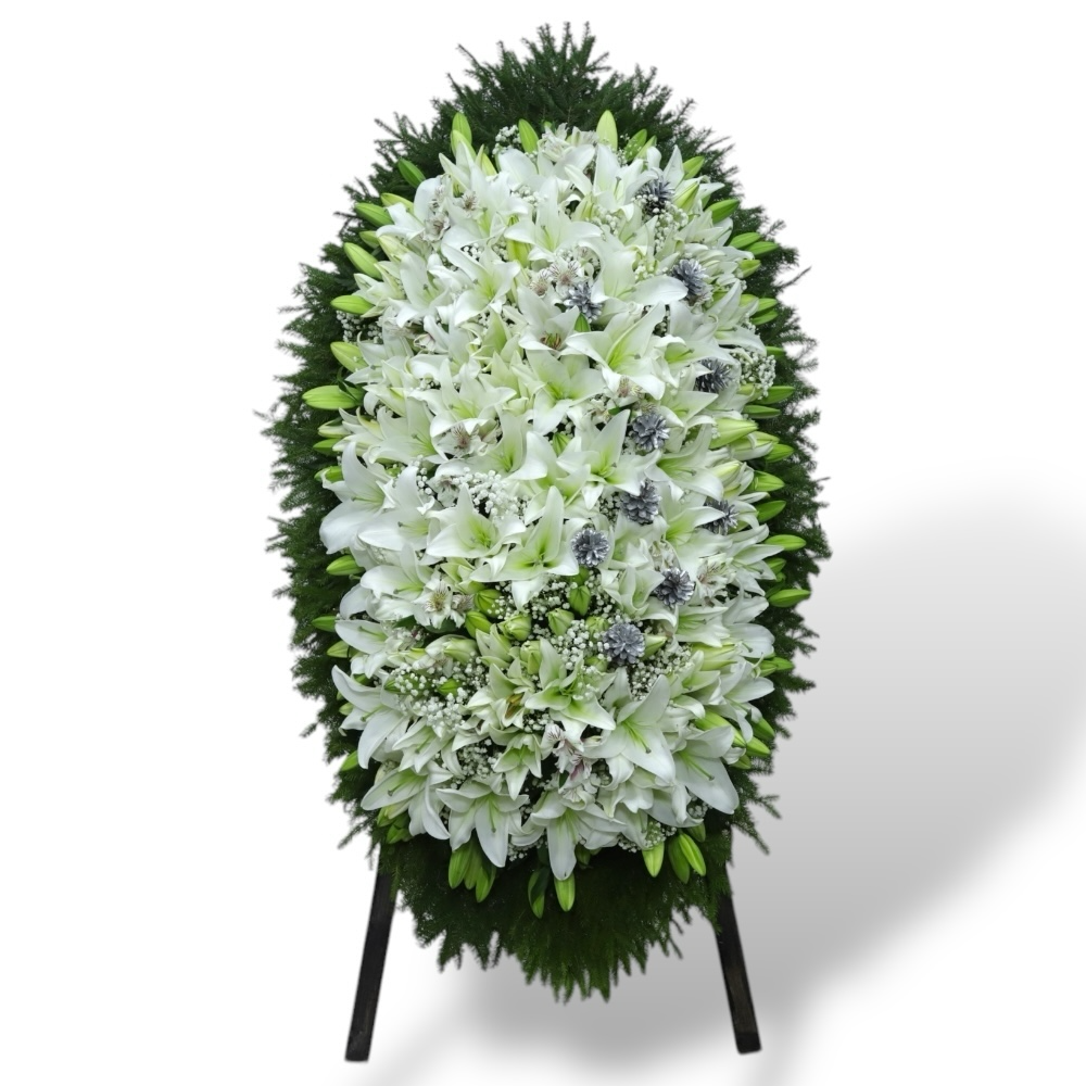 венок из живых цветов, венок из лилий, похоронный венок, белоснежные цветы, ритуальные цветы, артикул ВЖ-041, венок на похороны.