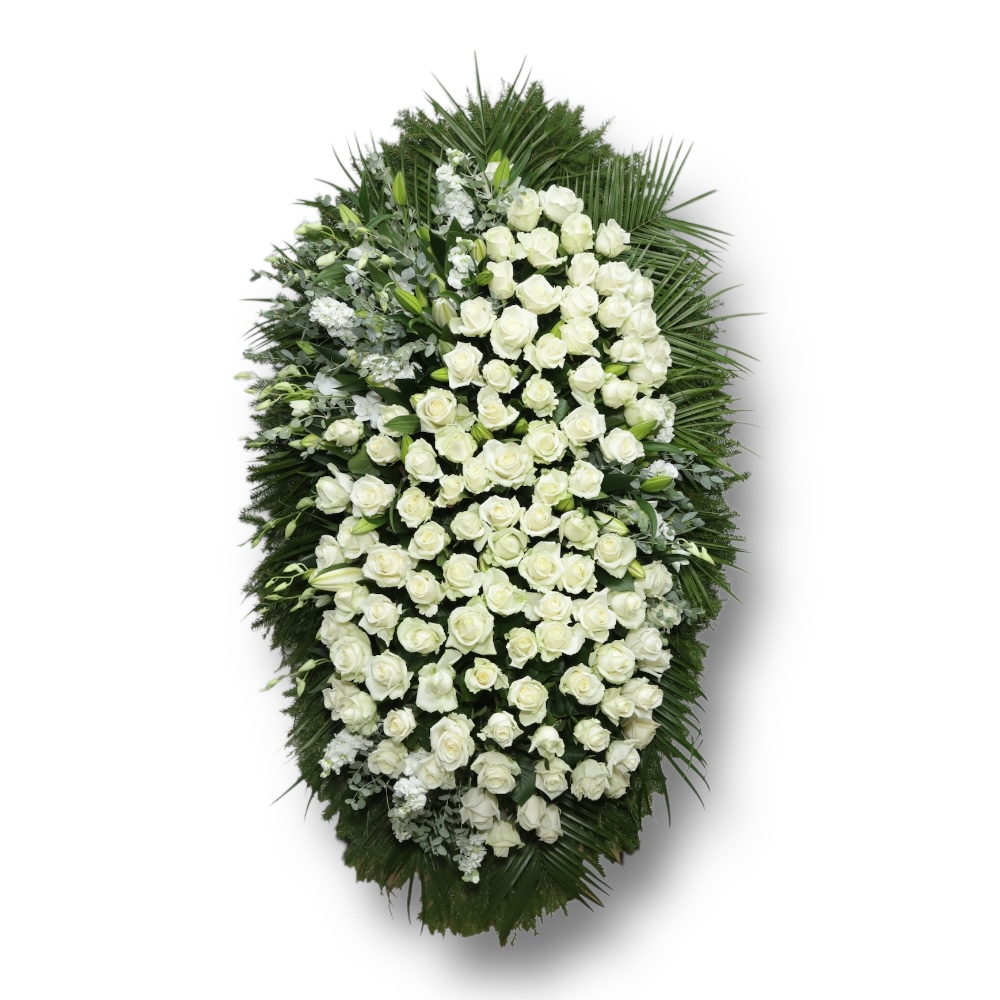 Арт. ВЖ-071 Венок из живых цветов на похороны: Розы, лилии, орхидеи 120 см.