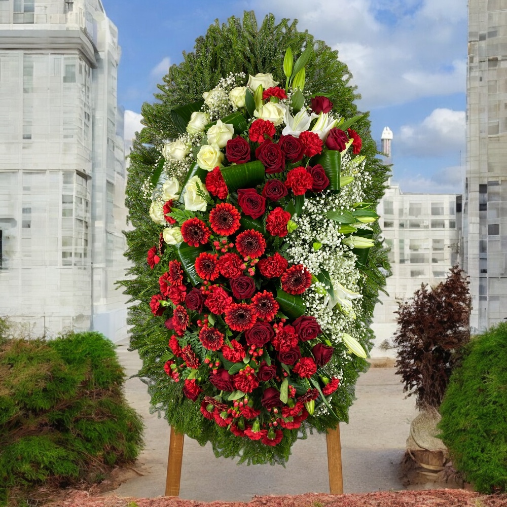 венок из живых цветов, венок на похороны, цветы розы, цветы герберы, цветы лилии, цветы гвоздики, похоронный венок, ритуальные товары