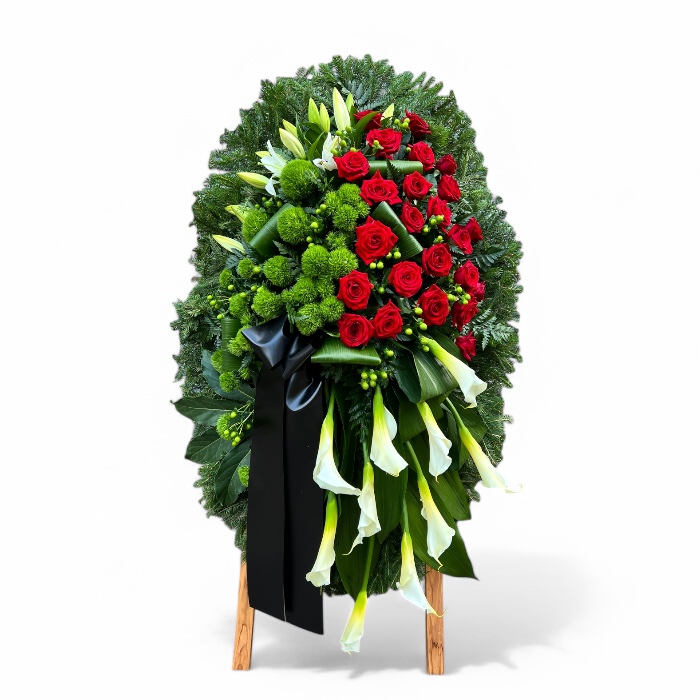 венок из живых цветов, каллы, красные розы, лилии, венок на похороны, ритуальные цветы, траурные цветы, похоронный букет.