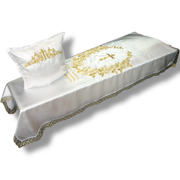 АРТ ПБ-3 Венок роз с крестом.  Комплект в гроб. Покрывало+подушка. Парча. Золото