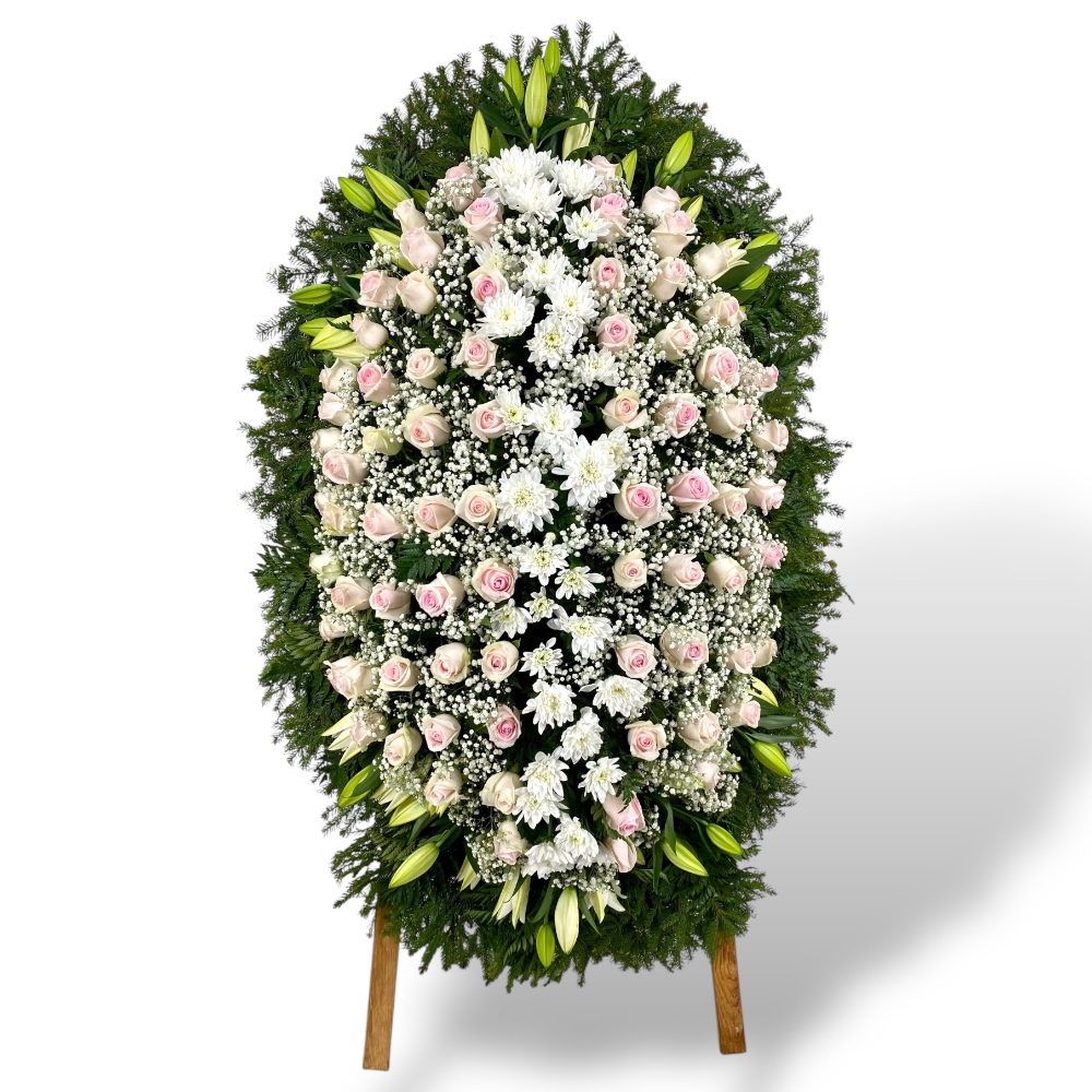 венок на похороны, венок из живых цветов, розовые розы, хризантемы, лилии, траурный венок, цветы на похороны.
