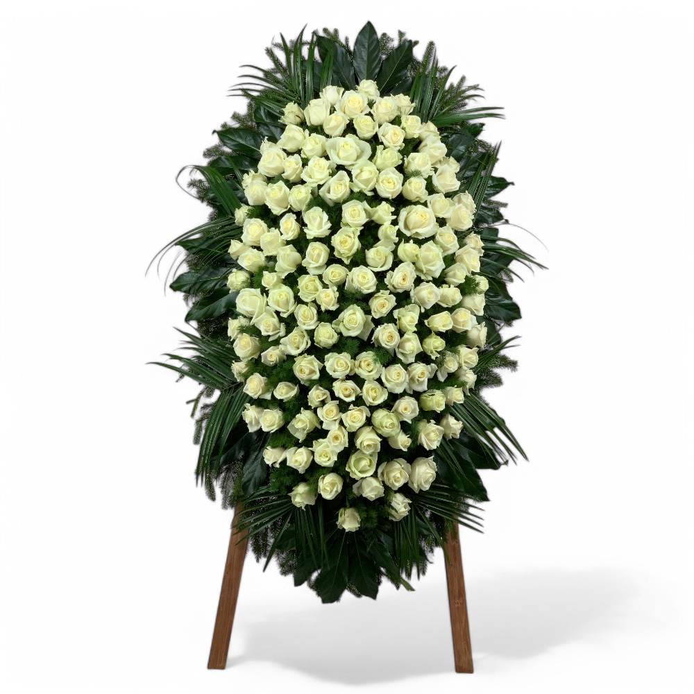 Арт. ВЖ-050 Венок из живых цветов на похороны: Розы, зелень 120 см.