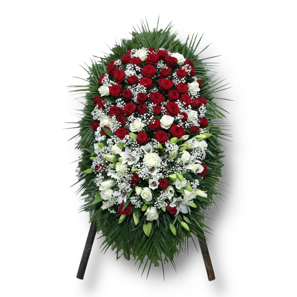 венок на похороны, венок из живых цветов, розы, лилии, орхидеи, гипсофила, траурный венок, цветы на похороны, ритуальные цветы, венок артикул ВЖ-061