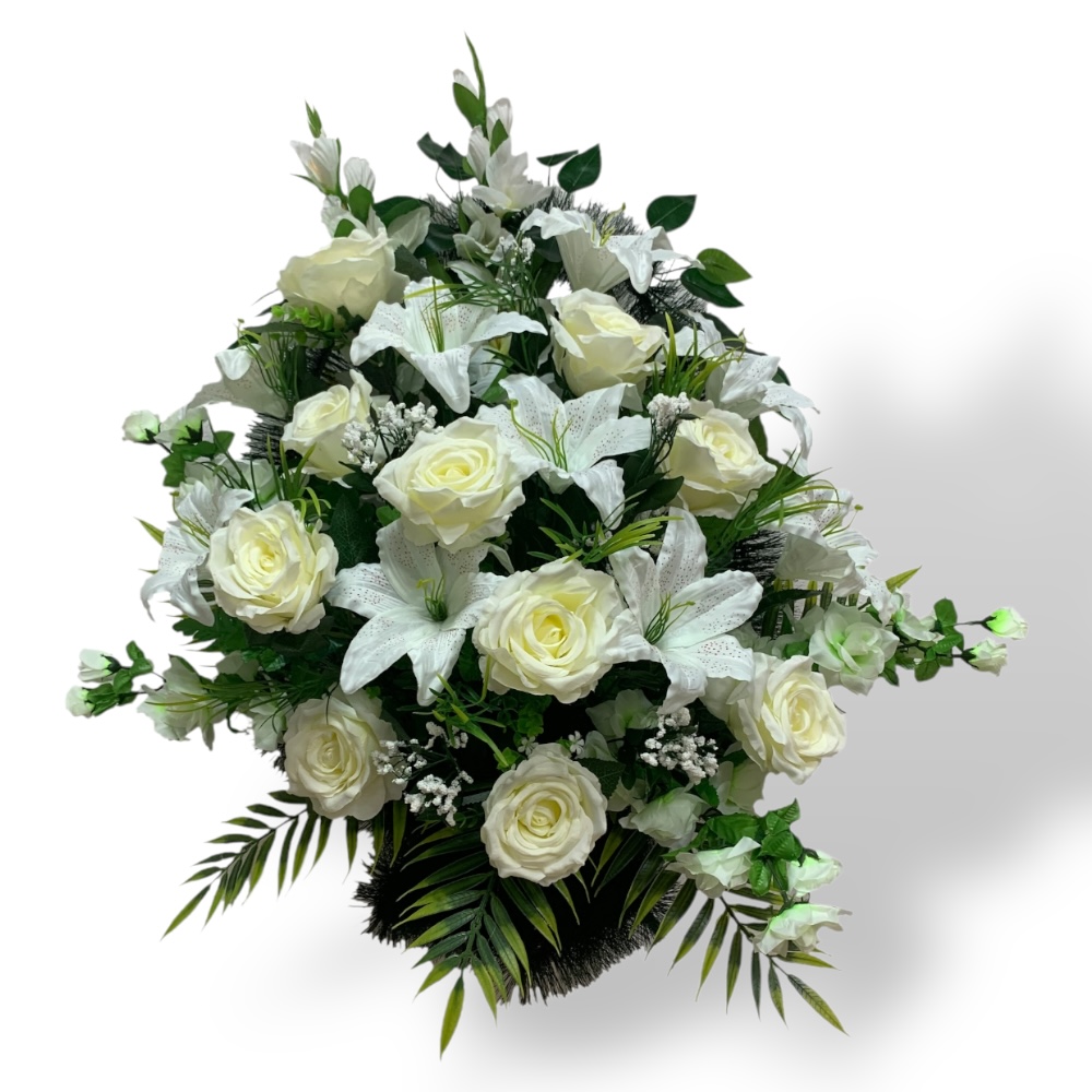 Корзина на похороны, корзина с искусственными цветами, элитная корзина, ритуальная корзина, похоронные атрибуты, ритуальные услуги, цветы на похороны, траурная корзина, корзина для церемонии прощания, ритуальный декор.