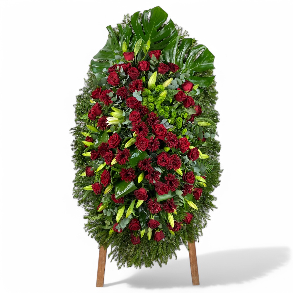 венок на похороны, венок из живых цветов, розы, гвоздики, лилии, эвкалипт, хризантемы, траурный венок, цветы на похороны.