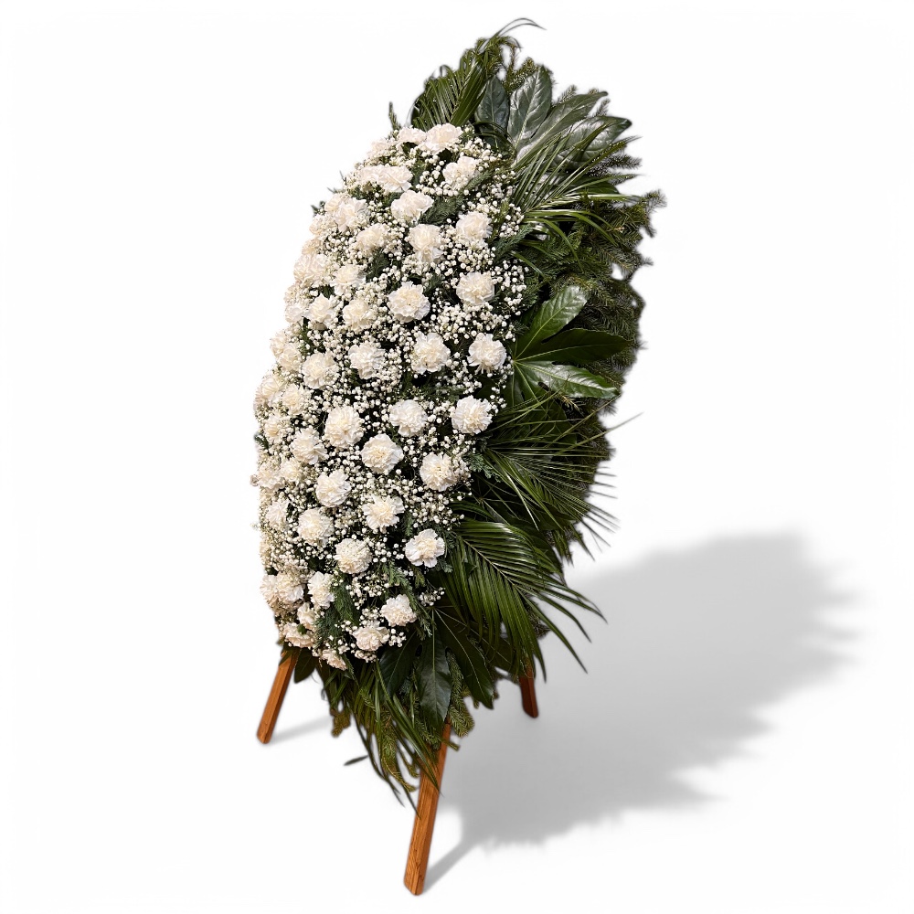 венок на похороны, венок из живых цветов, венок с белой гвоздикой, венок с гипсофилой, траурный венок, ритуальный венок, цветы на похороны.