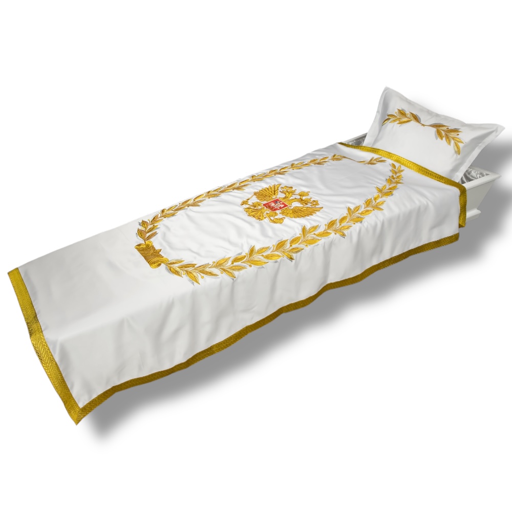 Гербовое покрывало, комплект в гроб, парча, похоронные принадлежности, ритуальные товары, АРТ ПБ-7, наволочка, ритуальный текстиль.