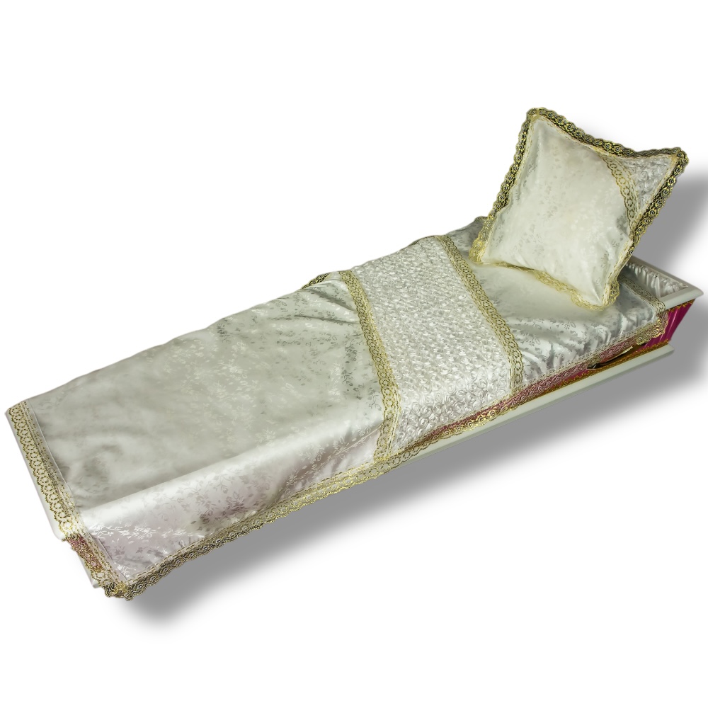 АРТ ДК-1 Жаккард золото. Ритуальный комплект в гроб. Подушка+покрывало. Жаккард+нашивные розы. Золото