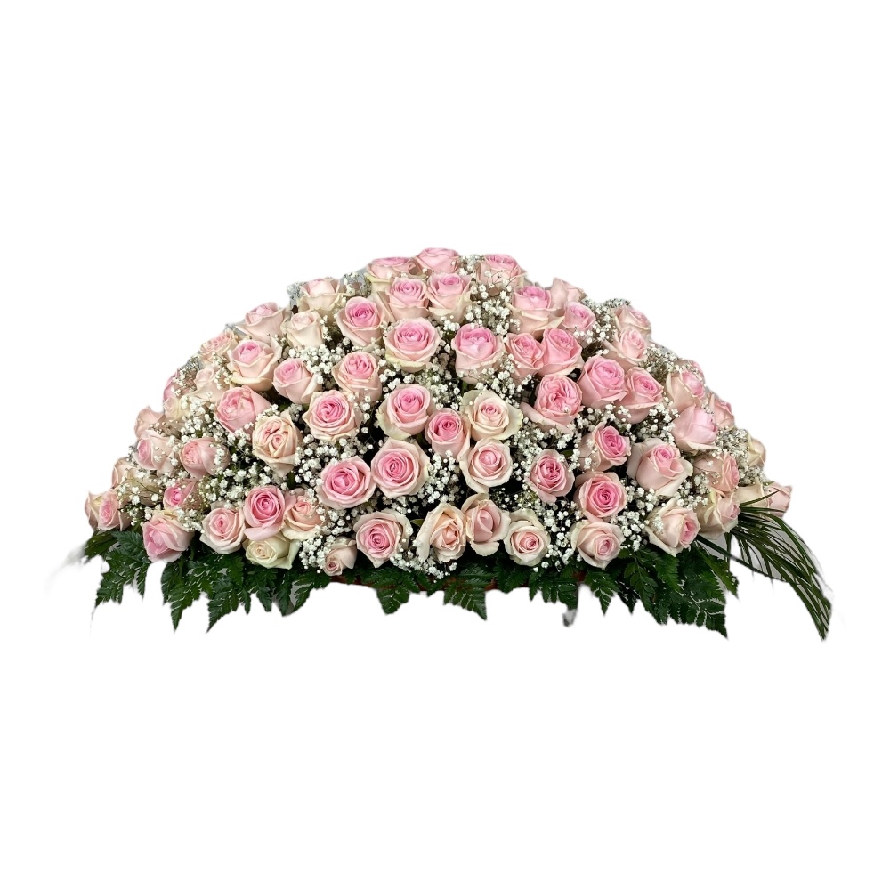 траурная композиция, живые цветы, розы, гипсофила, цветы на гроб, ритуальные цветы, траурные букеты, артикул ТК-005