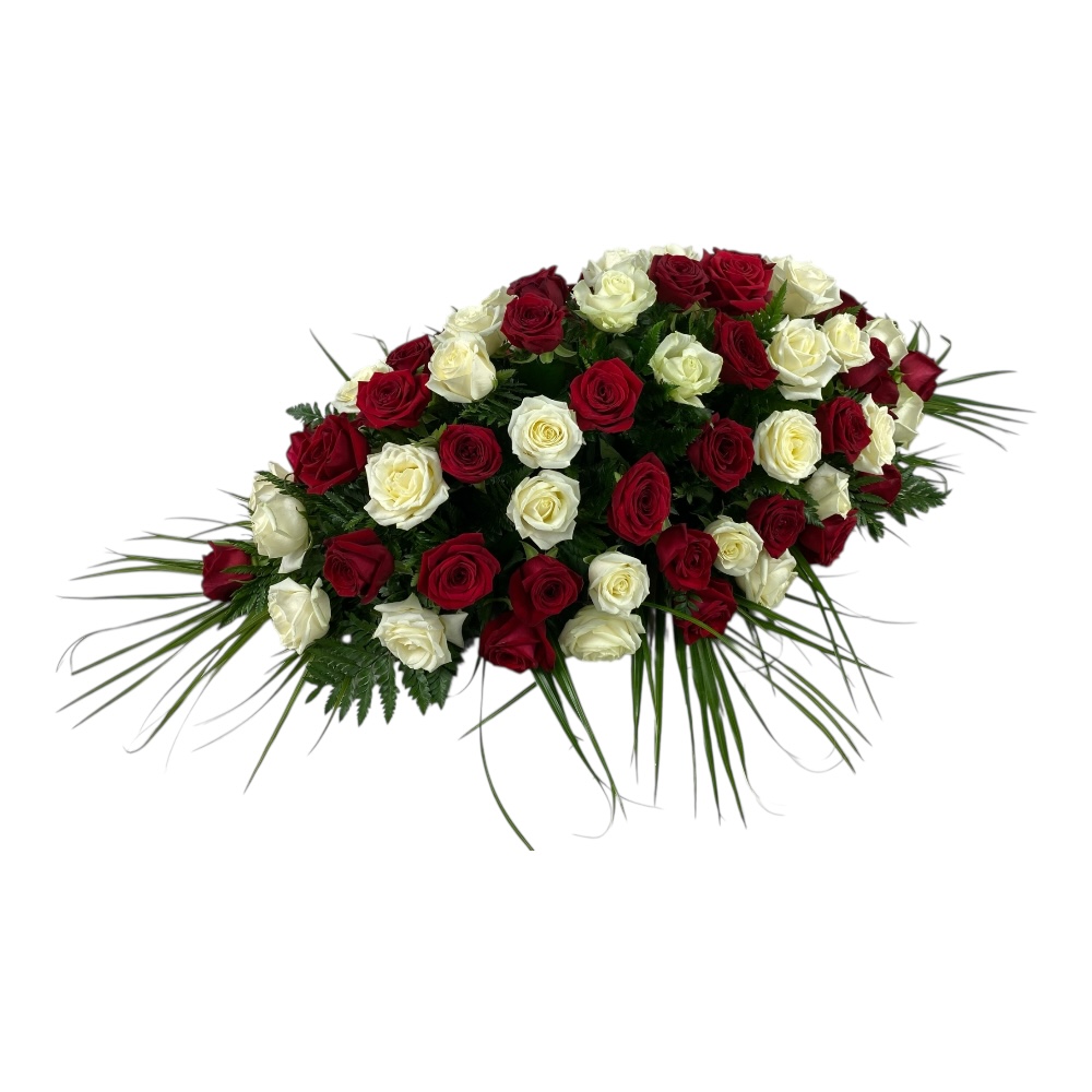 Арт. ТК-012 Траурная композиция из живых цветов на гроб: Розы 100 см.