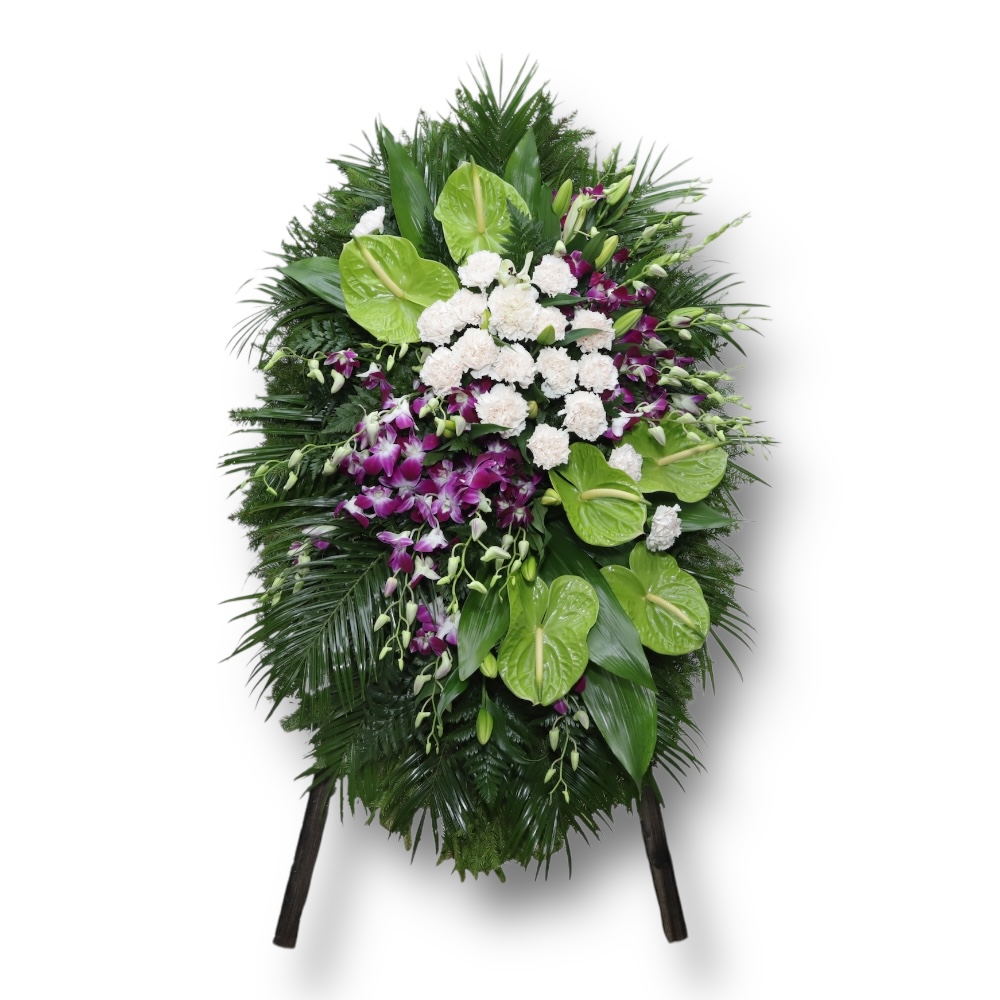 венок на похороны, венок из живых цветов, хризантемы, антуриум, орхидеи, ритуальные цветы, траурные цветы, венок артикул ВЖ-063
