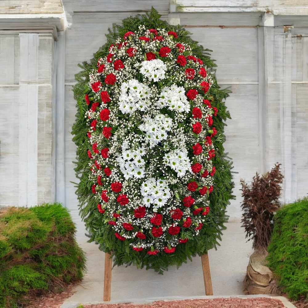 венок на похороны, венок из живых цветов, хризантемы, гвоздики, гипсофила, ритуальные цветы, траурные цветы, похоронные атрибуты, венок артикул ВЖ-016.