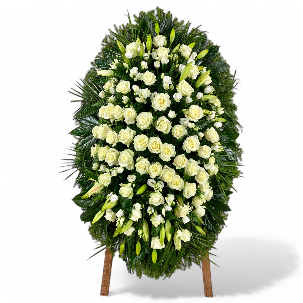 венок на похороны, венок из живых цветов, венок с розами, венок с лилиями, венок с лизиантом, траурный венок, похоронный атрибут, цветы на похороны.