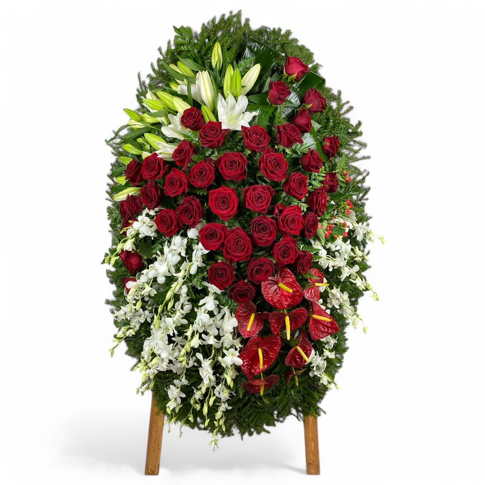 венок на похороны, венок из живых цветов, антуриум, розы, лилии, орхидеи, траурный венок, цветы на похороны, ритуальные цветы, венок артикул ВЖ-013.