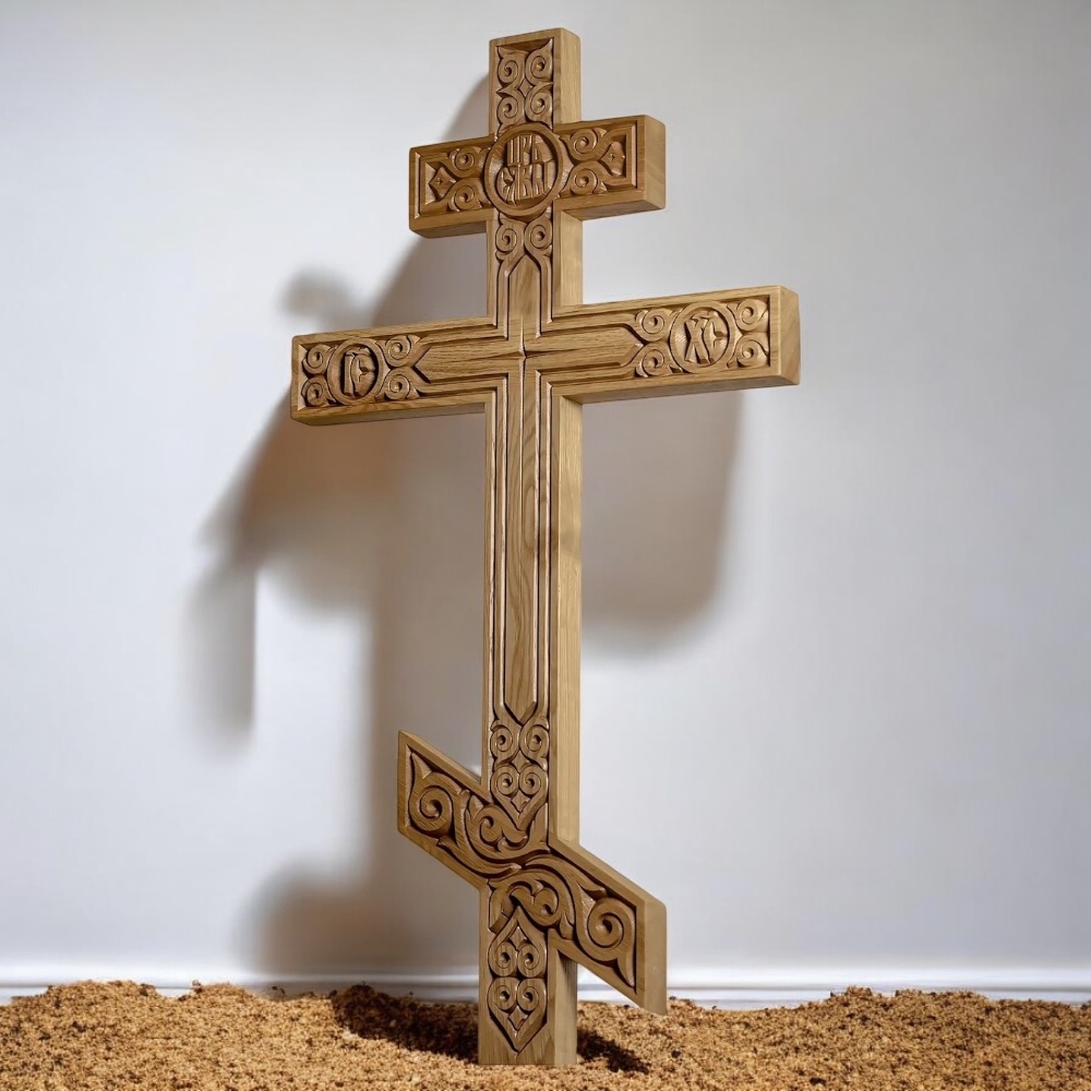 крест дубовый, крест резной, крест на могилу, узорный крест, ритуальные изделия, деревянные кресты, мемориальный крест, артикул КС-100